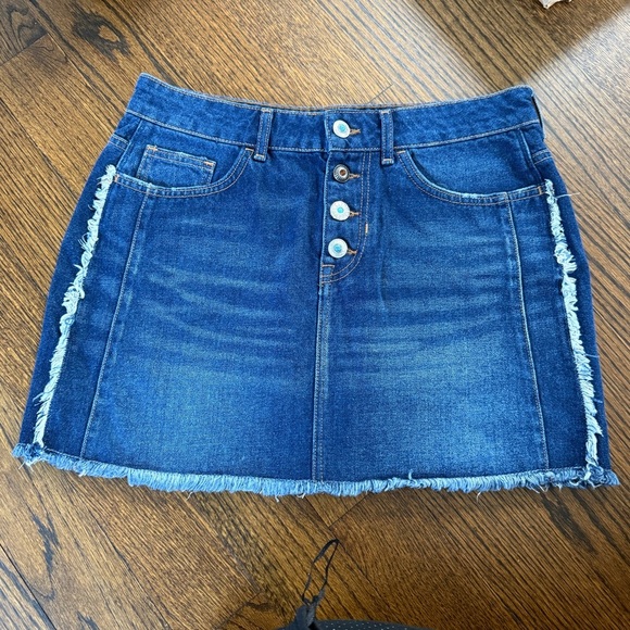 Zara Frayed Western Denim Mini Skirt Raw Hem Distressed Boho Silver Button Fly - Picture 4 of 8